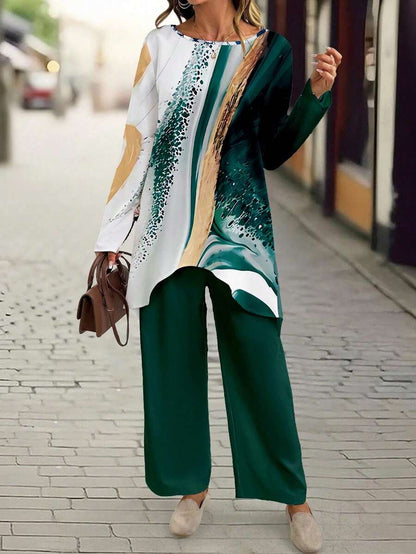 EID Special Elegant Long Graphic Tee And Pants Two-Piece Outfit Dress For Women