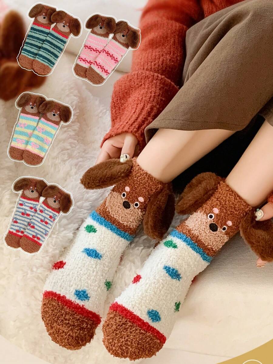 Women's Thick Blue Coral Fleece Sausage Dog Fuzzy Slipper Socks, Warm Plush Floor Socks, Cozy Sleeping Socks, Japanese Style Coral Fleece Cartoon Embroidered