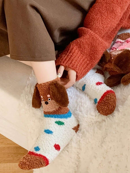 Women's Thick Blue Coral Fleece Sausage Dog Fuzzy Slipper Socks, Warm Plush Floor Socks, Cozy Sleeping Socks, Japanese Style Coral Fleece Cartoon Embroidered