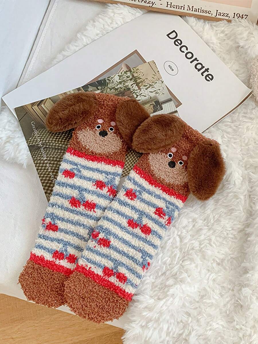 Women's Thick RED Coral Fleece Sausage Dog Fuzzy Slipper Socks, Warm Plush Floor Socks, Cozy Sleeping Socks, Japanese Style Coral Fleece Cartoon Embroidered