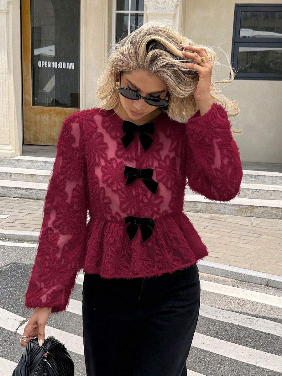 Women's Contrast Color Bow Decor Long Sleeve Shirt Elegant Dress Red Burgundy