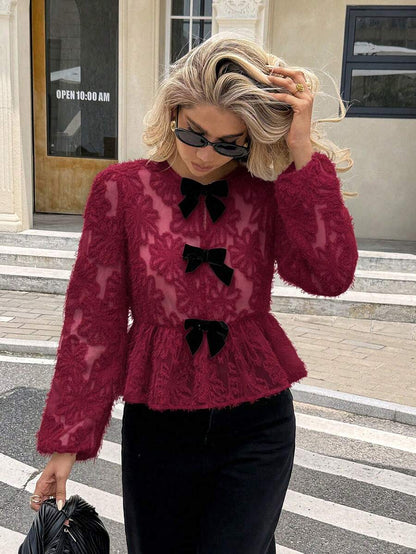 Women's Contrast Color Bow Decor Long Sleeve Shirt Elegant Dress Red Burgundy