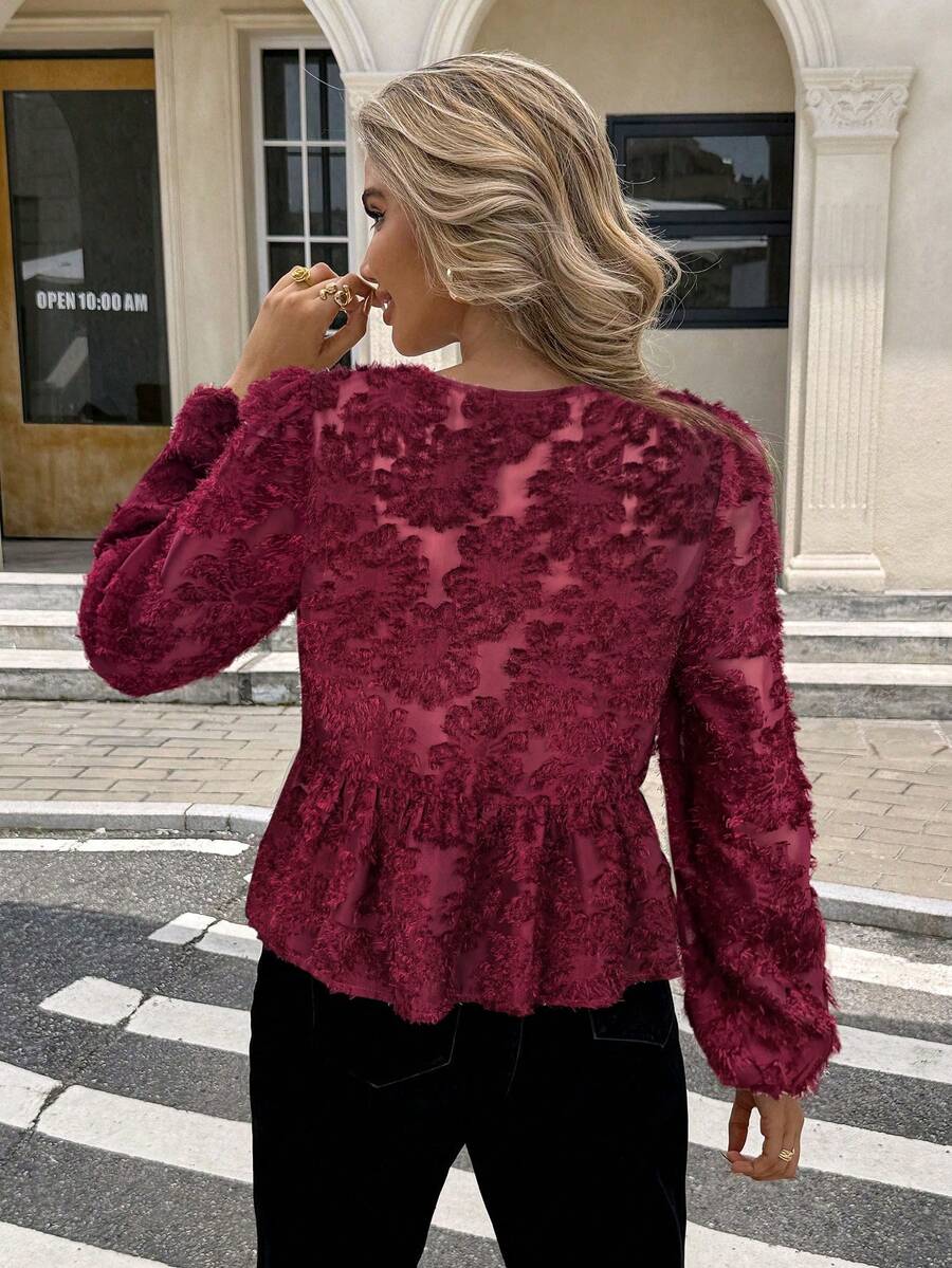 Women's Contrast Color Bow Decor Long Sleeve Shirt Elegant Dress Red Burgundy
