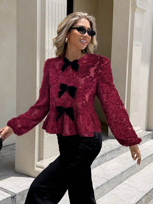 Women's Contrast Color Bow Decor Long Sleeve Shirt Elegant Dress Red Burgundy