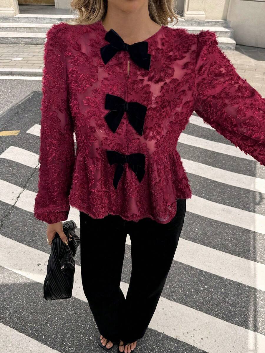 Women's Contrast Color Bow Decor Long Sleeve Shirt Elegant Dress Red Burgundy