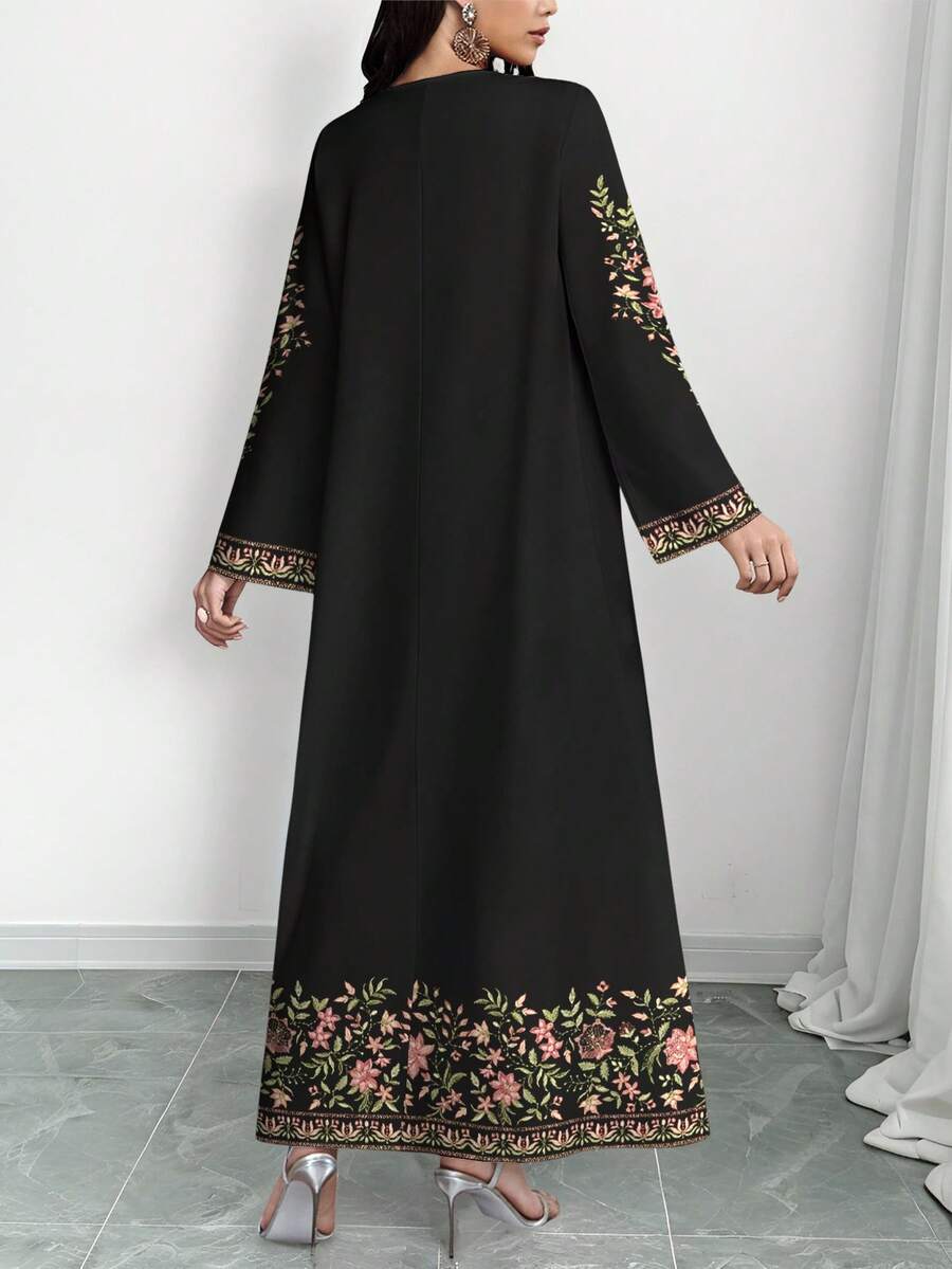 EID Special Women's Floral & Plant Digital Print V-Neck Long Sleeve Elegant Arabic Style Dress