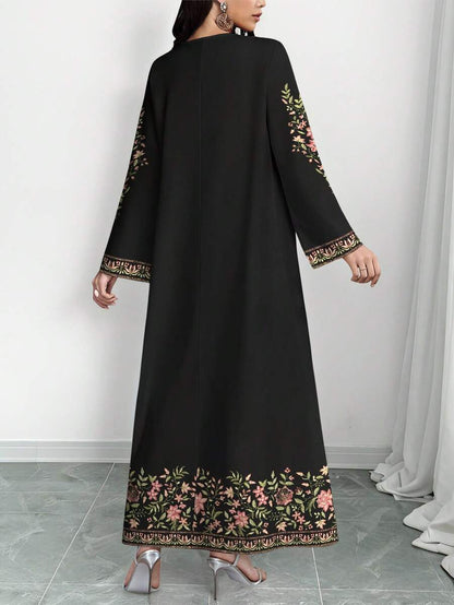 EID Special Women's Floral & Plant Digital Print V-Neck Long Sleeve Elegant Arabic Style Dress