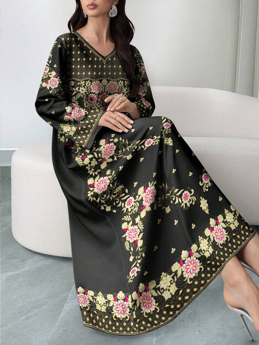 EID Special Women's Floral &amp; Geometric Print V-Neck Long Sleeve Elegant Dress