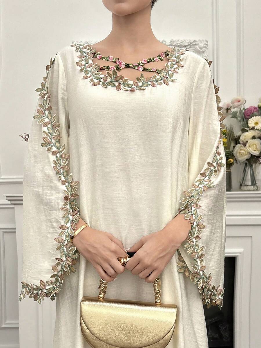 EID Special White Women's Loose Long Sleeve Arabic Style Dress