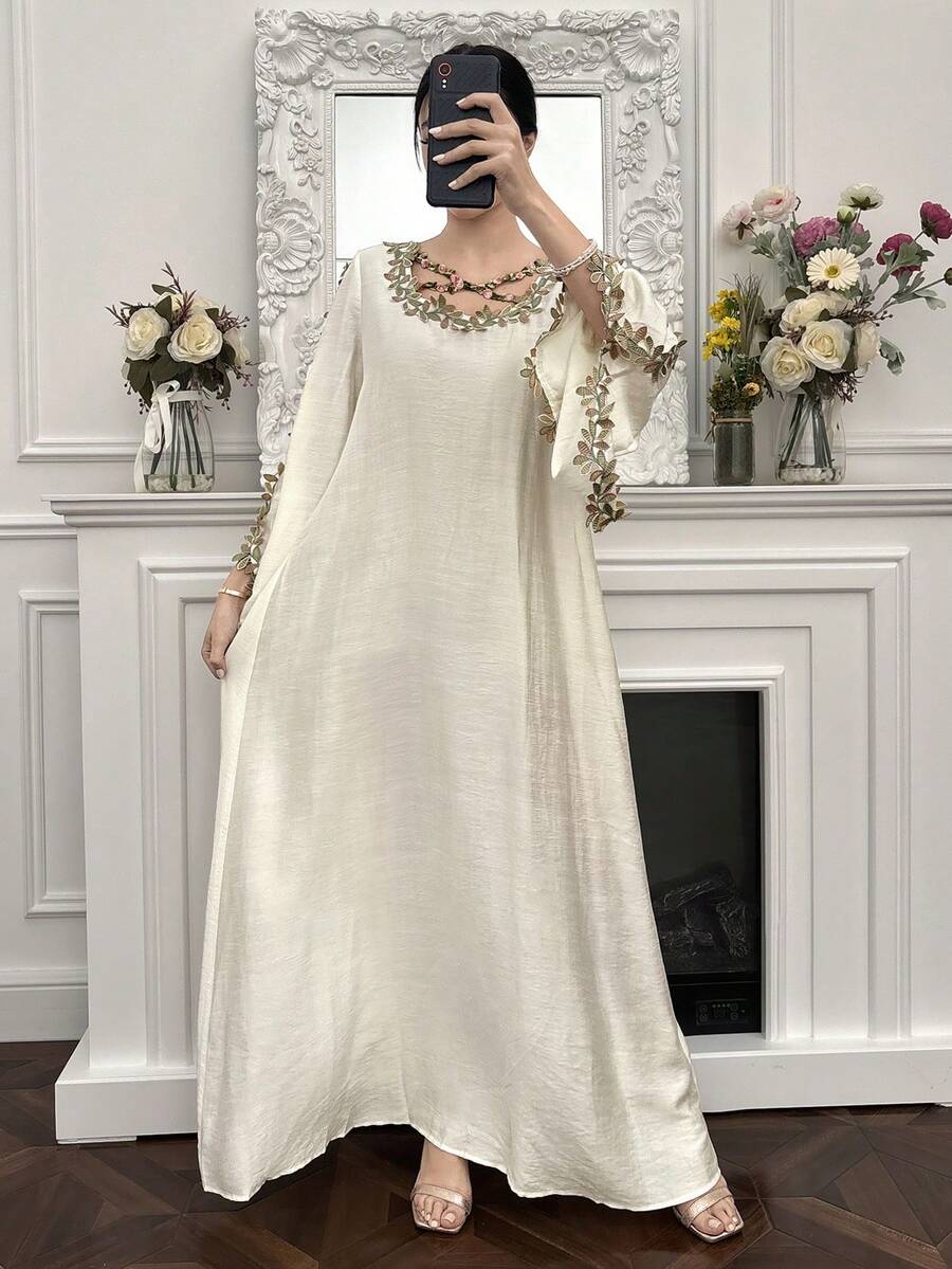 EID Special White Women's Loose Long Sleeve Arabic Style Dress