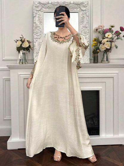 EID Special White Women's Loose Long Sleeve Arabic Style Dress