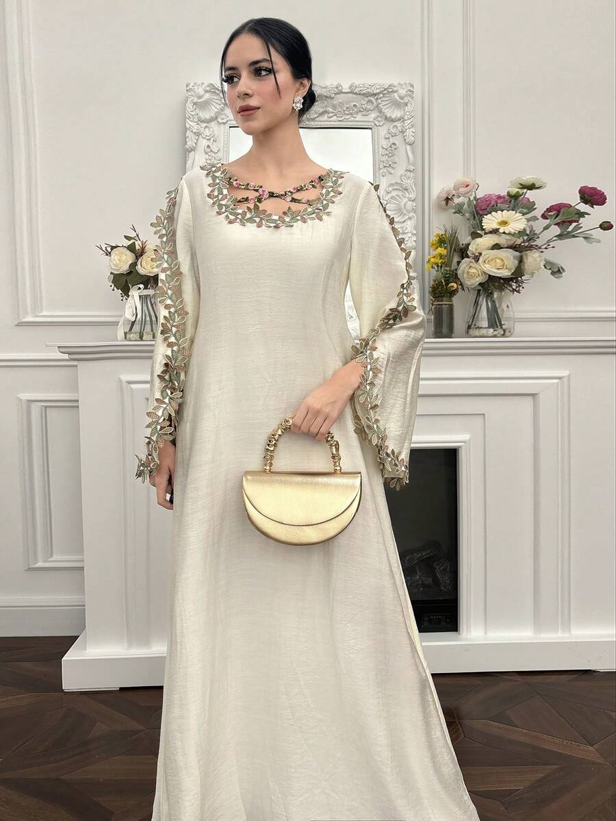 EID Special White Women's Loose Long Sleeve Arabic Style Dress