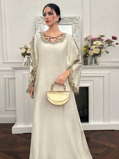 EID Special White Women's Loose Long Sleeve Arabic Style Dress