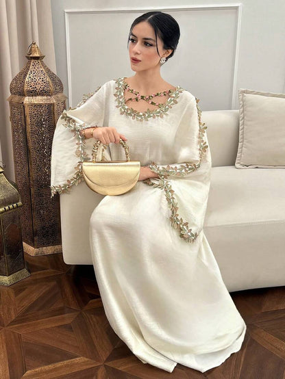 EID Special White Women's Loose Long Sleeve Arabic Style Dress