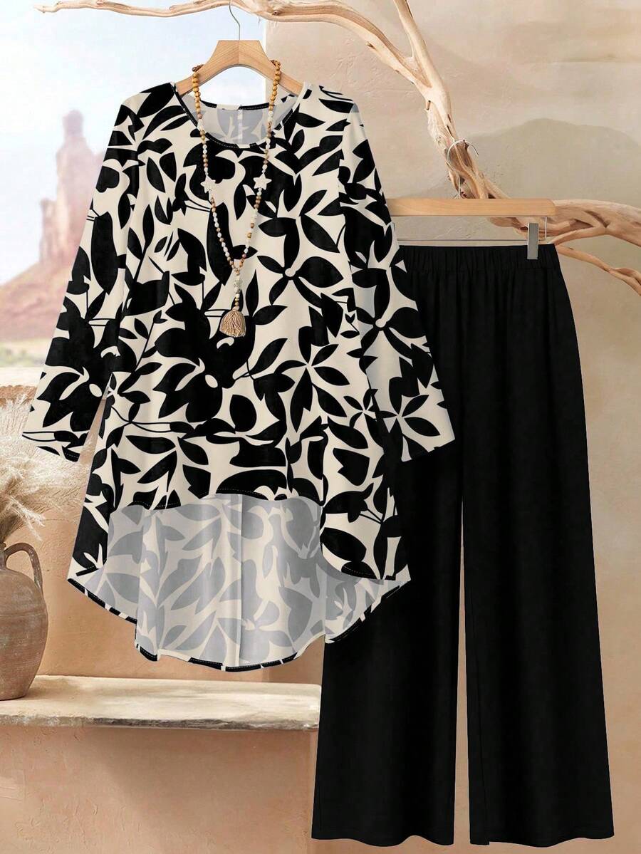 EID Special 2pcs Dress Women Loose Fit Round Neck Long Sleeve Top And Pants Set
