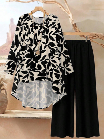 EID Special 2pcs Dress Women Loose Fit Round Neck Long Sleeve Top And Pants Set