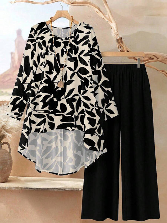 EID Special 2pcs Women Loose Fit Round Neck Long Sleeve Top And Pants Set,&nbsp;