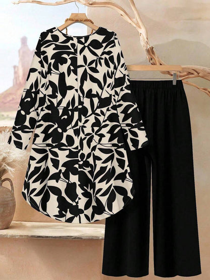 EID Special 2pcs Dress Women Loose Fit Round Neck Long Sleeve Top And Pants Set