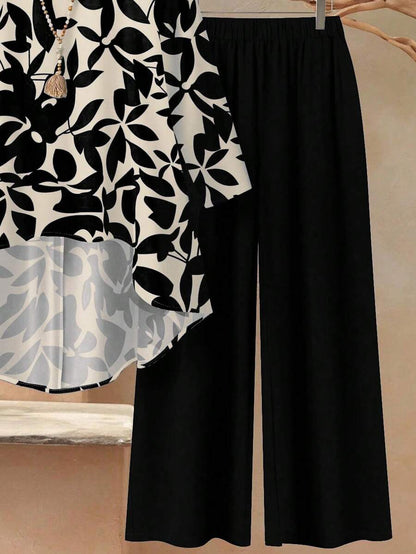 EID Special 2pcs Dress Women Loose Fit Round Neck Long Sleeve Top And Pants Set
