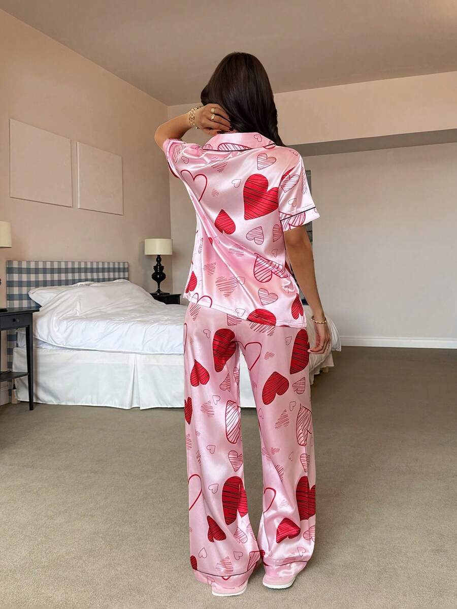 Heart Print Pocket Short Sleeve &amp; Pants Women Dress Set