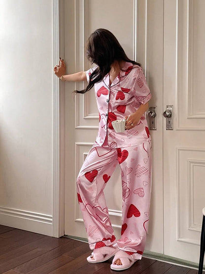 Heart Print Pocket Short Sleeve &amp; Pants Women Dress Set