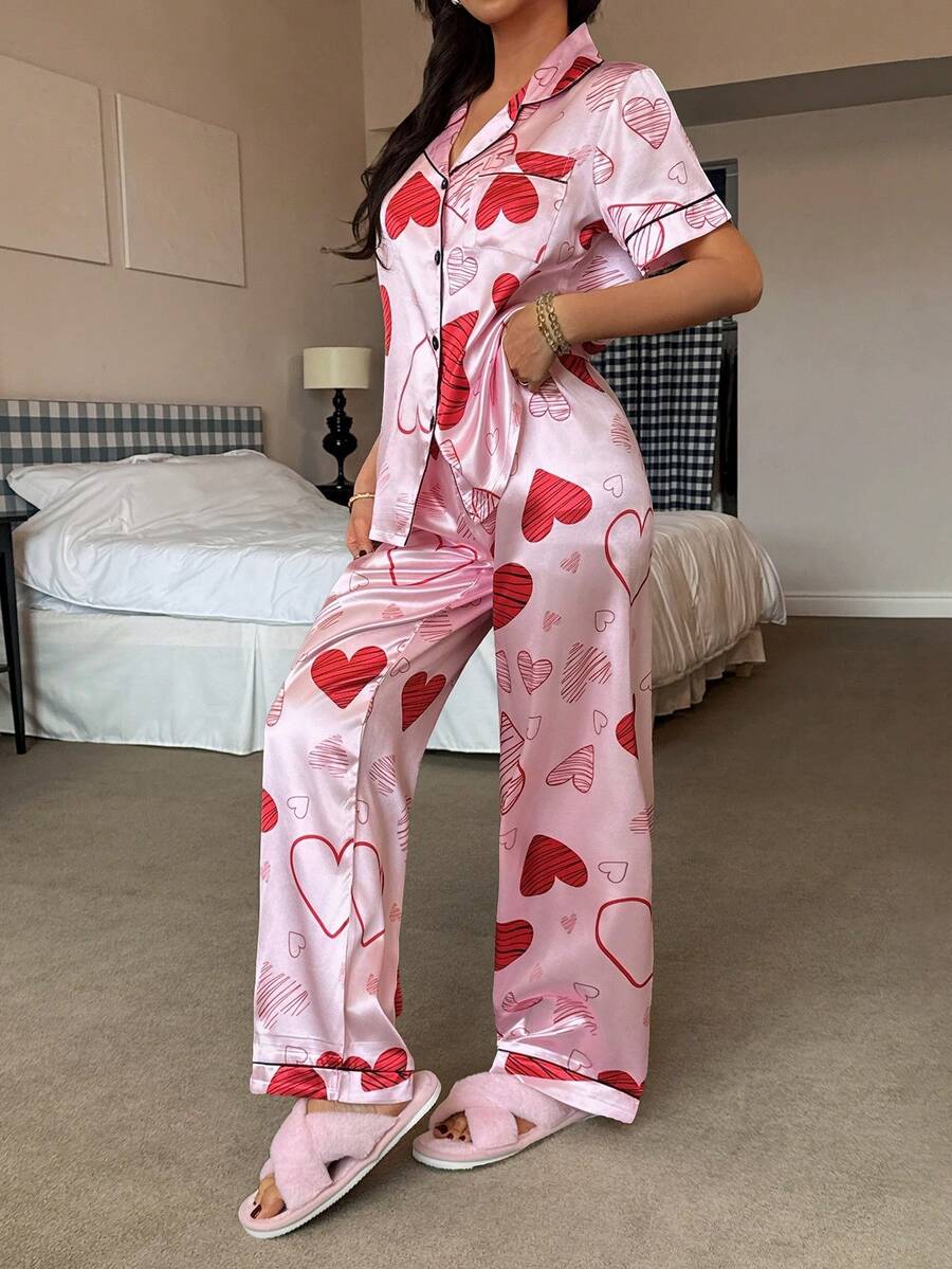 Heart Print Pocket Short Sleeve &amp; Pants Women Dress Set