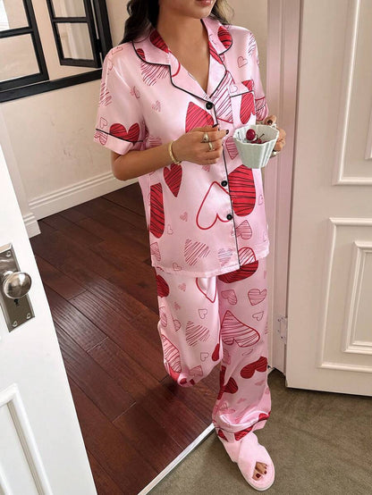 Heart Print Pocket Short Sleeve &amp; Pants Women Dress Set