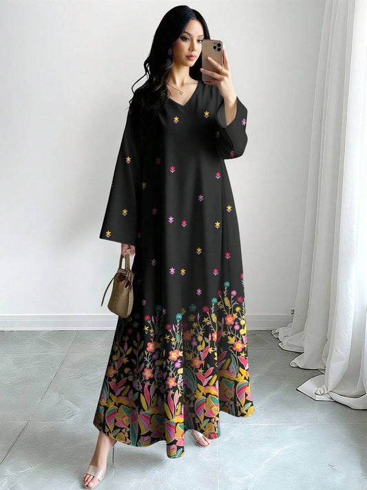 EID Special Women's Colorful Garden &amp; Plant Digital Print V-Neck Long Sleeve Elegant Arabic Style Dress