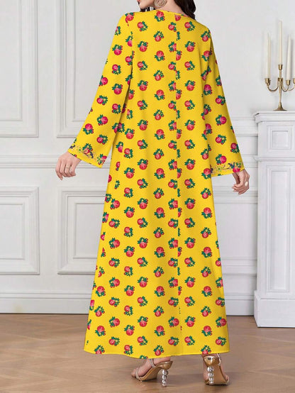 EID Special Turkish Theme Elegant Floral Print V-Neck Long Sleeve Flared Dress