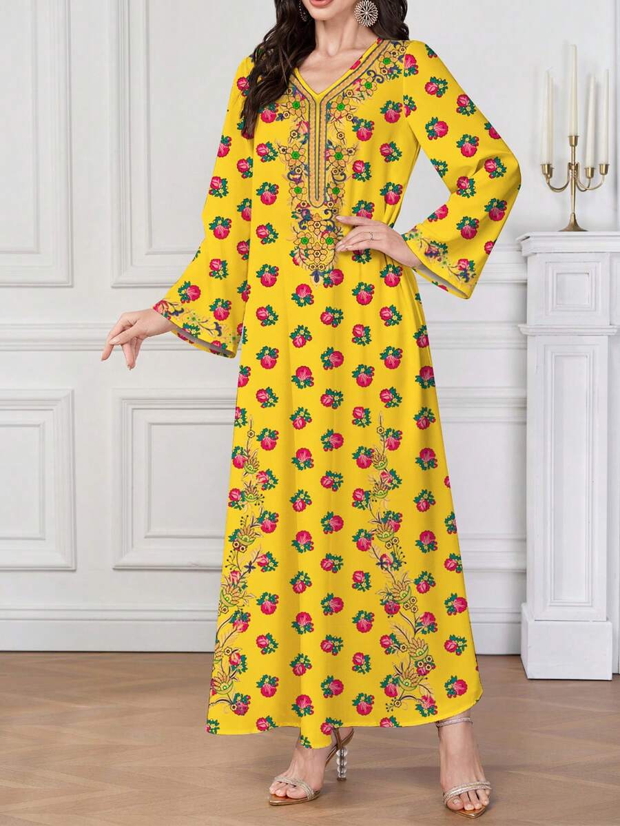 EID Special Turkish Theme Elegant Floral Print V-Neck Long Sleeve Flared Dress