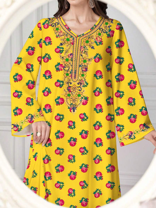 EID Special Turkish Theme Elegant Floral Print V-Neck Long Sleeve Flared Dress