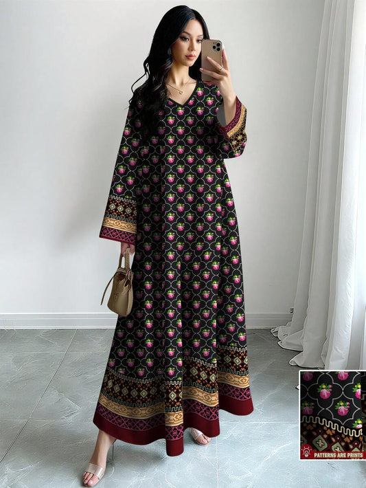 EID Special Floral &amp; Pattern Digital Retro Print V-Neck Long Sleeve Elegant Arabic Style Dress