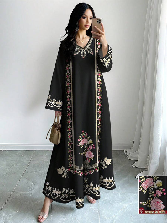 EID Special Women's Floral &amp; Botanical Print V-Neck Long Sleeve Elegant Arabic Style Dress