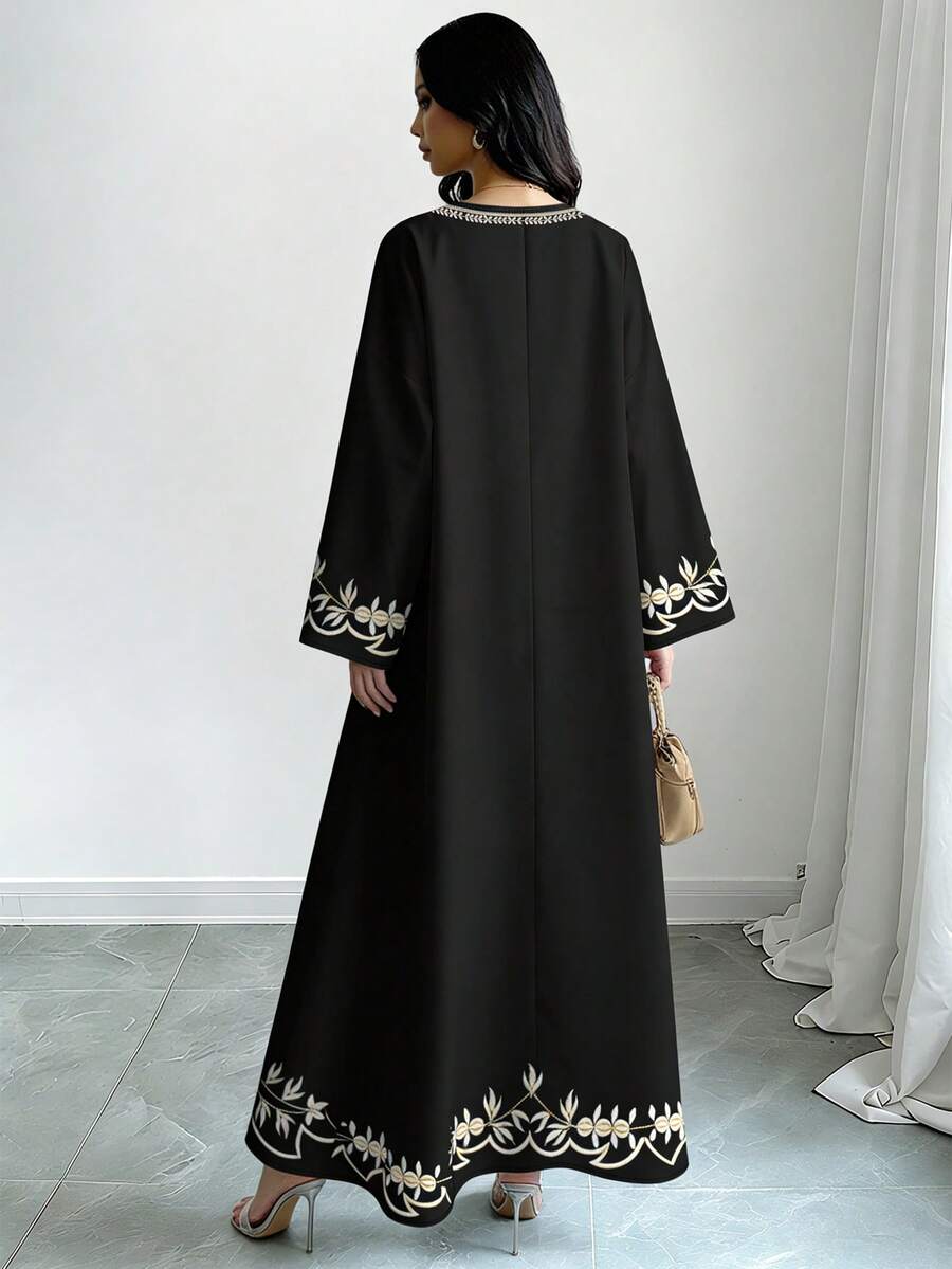 EID Special Women's Floral &amp; Botanical Print V-Neck Long Sleeve Elegant Arabic Style Dress