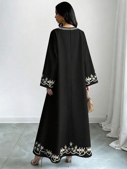 EID Special Women's Floral &amp; Botanical Print V-Neck Long Sleeve Elegant Arabic Style Dress