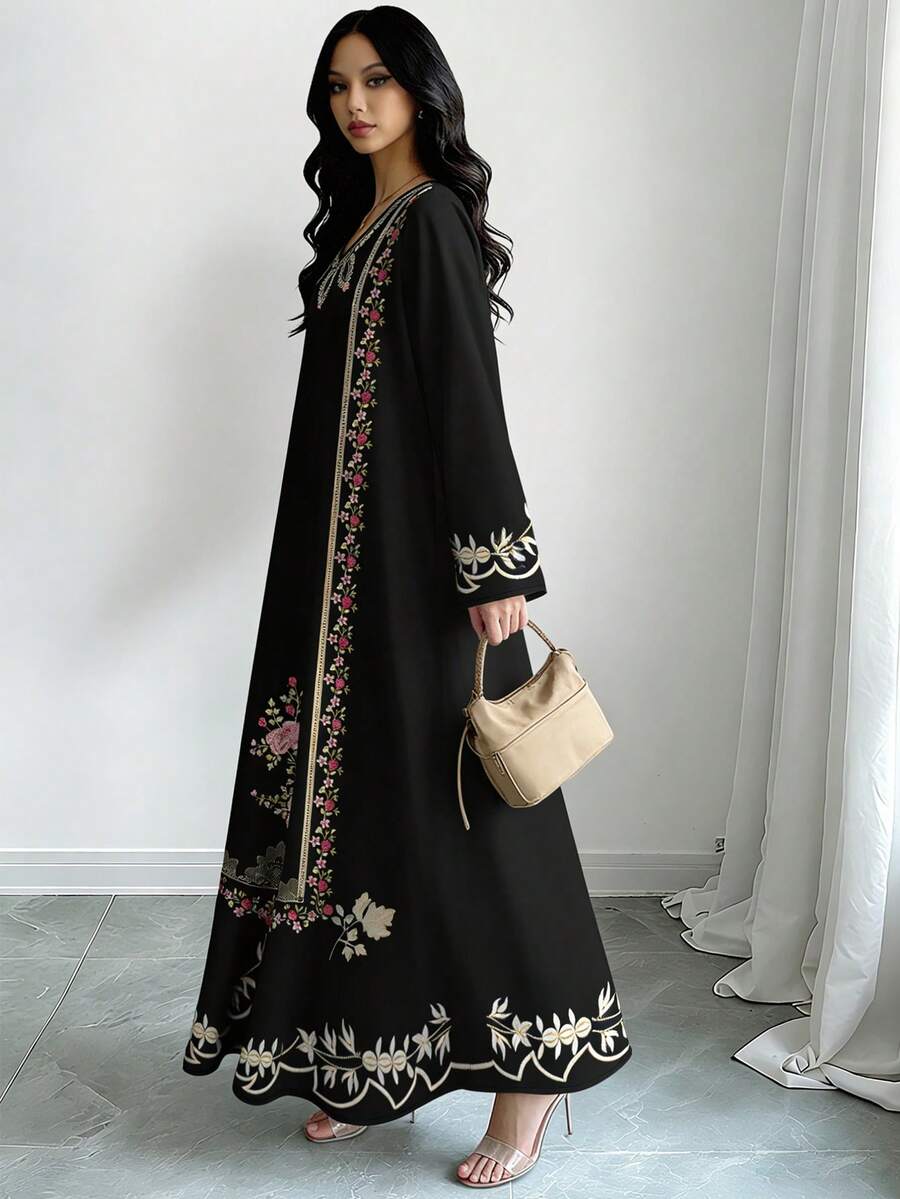 EID Special Women's Floral &amp; Botanical Print V-Neck Long Sleeve Elegant Arabic Style Dress