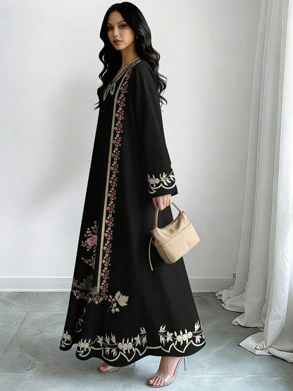 EID Special Women's Floral &amp; Botanical Print V-Neck Long Sleeve Elegant Arabic Style Dress