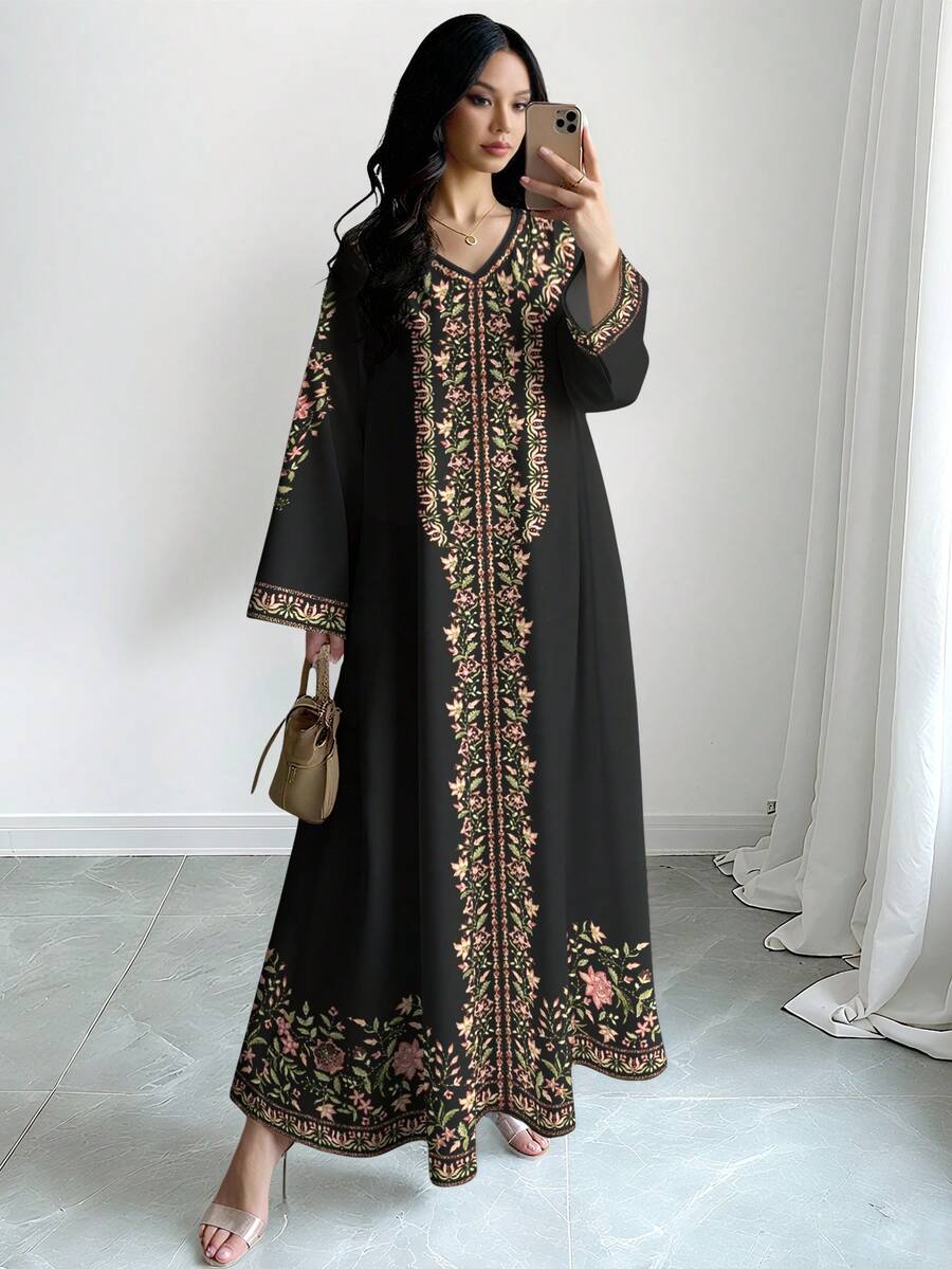 EID Special Women's Floral & Plant Digital Print V-Neck Long Sleeve Elegant Arabic Style Dress