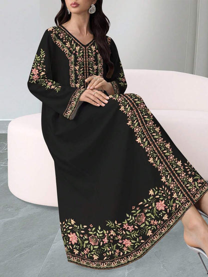 EID Special Women's Floral & Plant Digital Print V-Neck Long Sleeve Elegant Arabic Style Dress