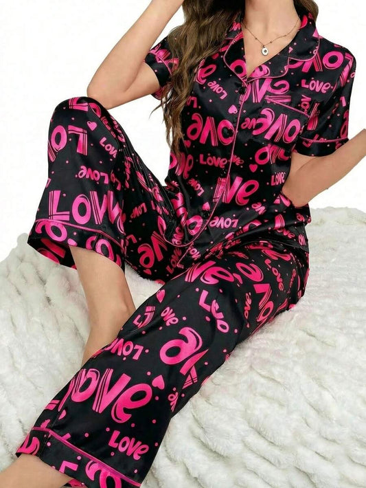 Faux Silk Letter Print Lapel Cardigan &amp; Pants Pajama Set Women Pajama Set 2 Pieces Set Women Lounge Dress