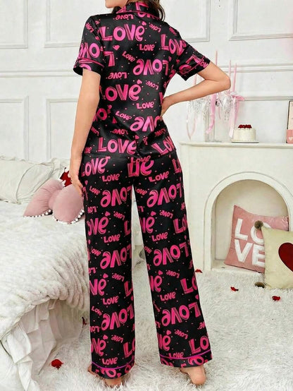 Faux Silk Letter Print Lapel Cardigan &amp; Pants Pajama Set Women Pajama Set 2 Pieces Set Women Lounge Dress