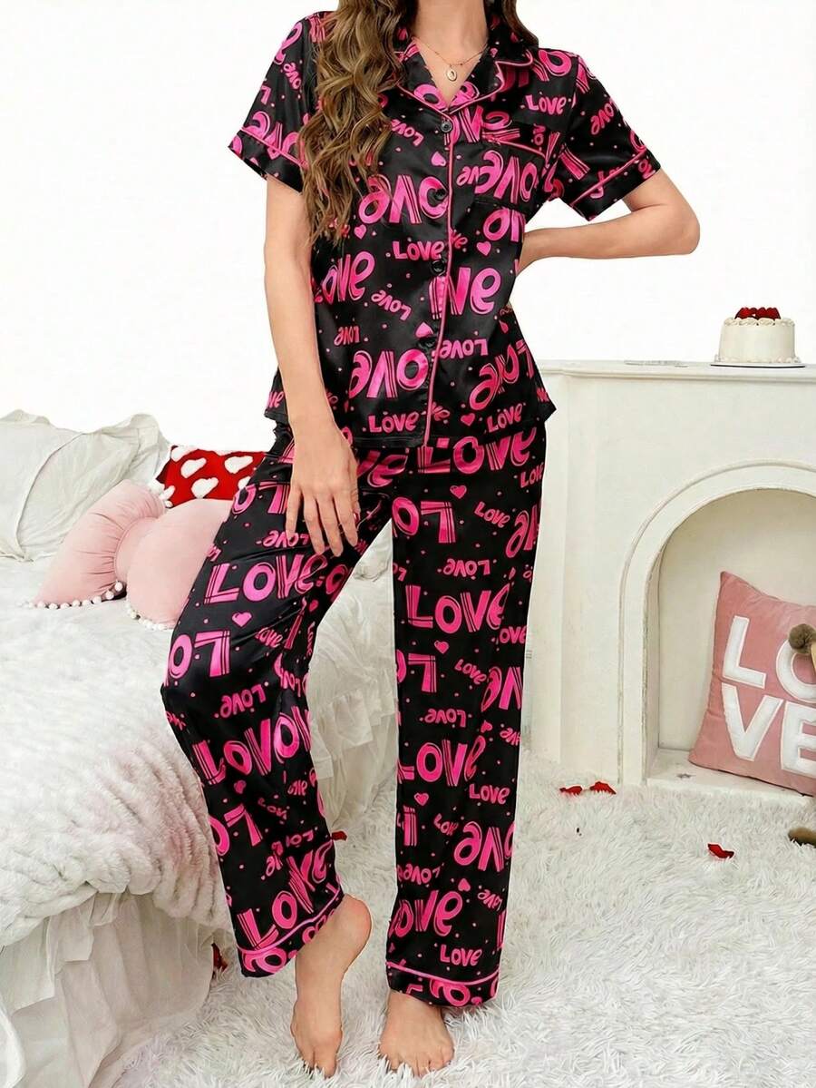 Faux Silk Letter Print Lapel Cardigan &amp; Pants Pajama Set Women Pajama Set 2 Pieces Set Women Lounge Dress