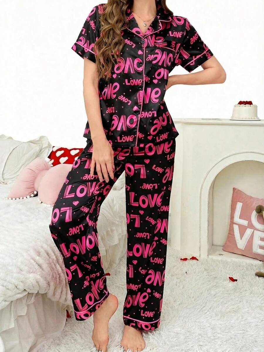 Faux Silk Letter Print Lapel Cardigan &amp; Pants Pajama Set Women Pajama Set 2 Pieces Set Women Lounge Dress