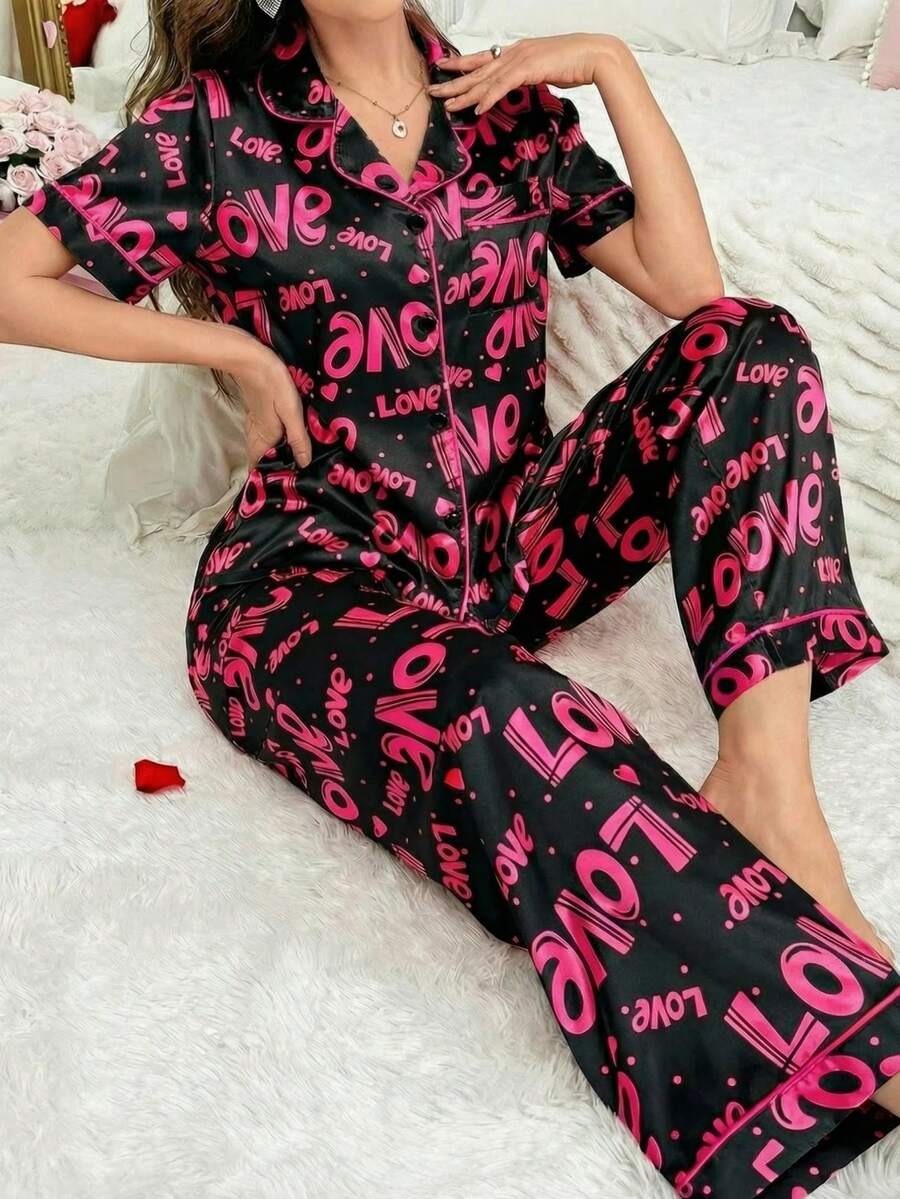Faux Silk Letter Print Lapel Cardigan &amp; Pants Pajama Set Women Pajama Set 2 Pieces Set Women Lounge Dress
