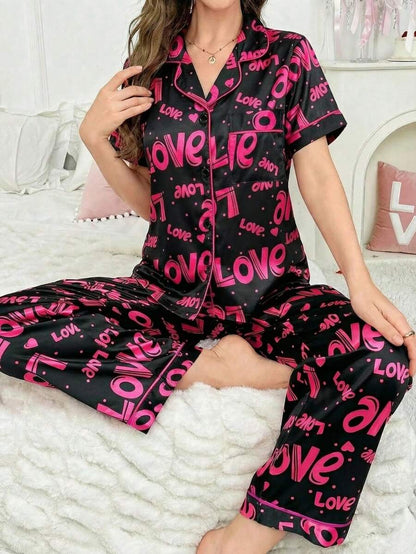 Faux Silk Letter Print Lapel Cardigan &amp; Pants Pajama Set Women Pajama Set 2 Pieces Set Women Lounge Dress