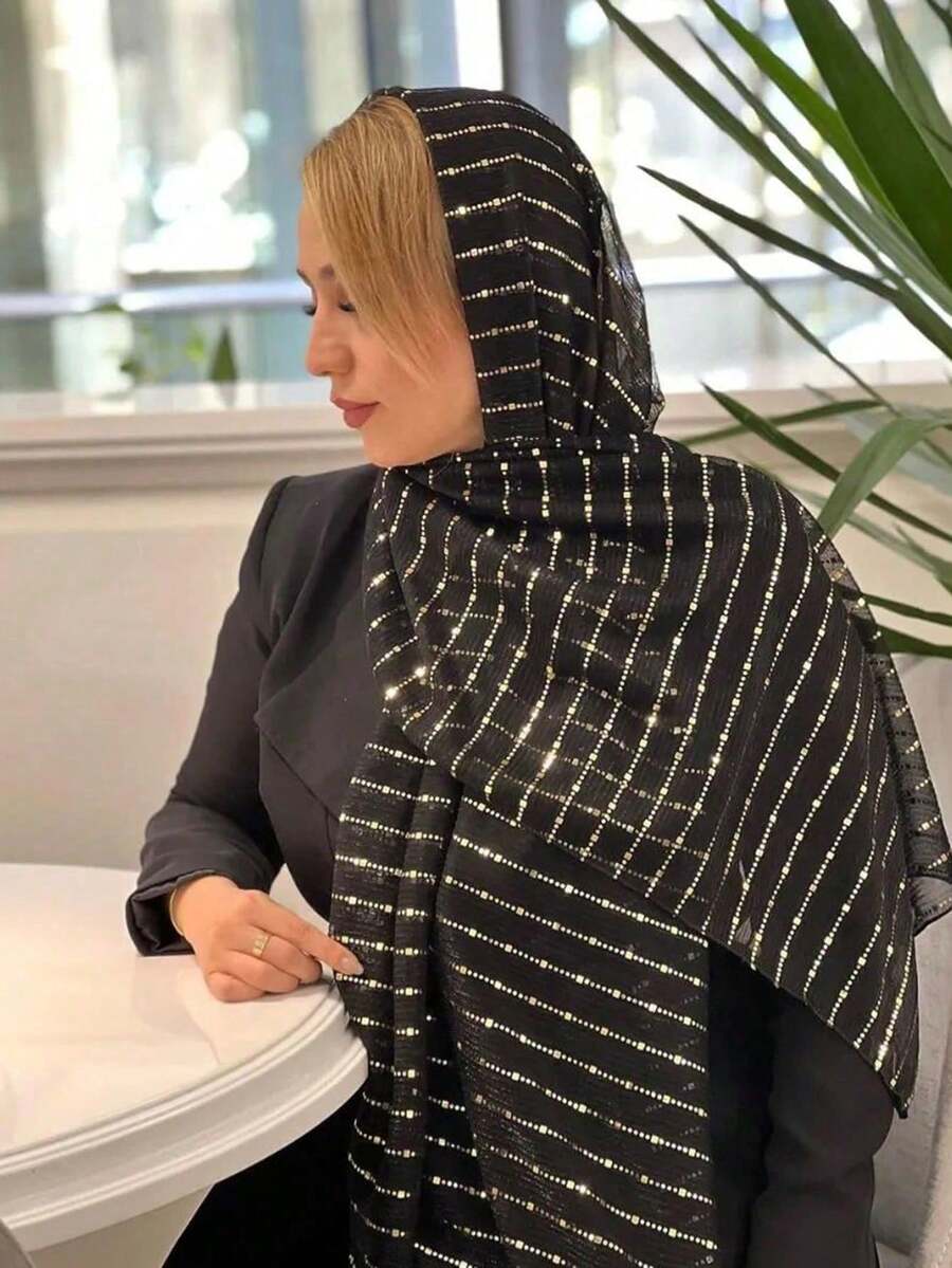 Women's Spring Sequin Mesh Decorated Headscarf, Festival Celebration Headwrap Veil Hijab / Scarf Gift
