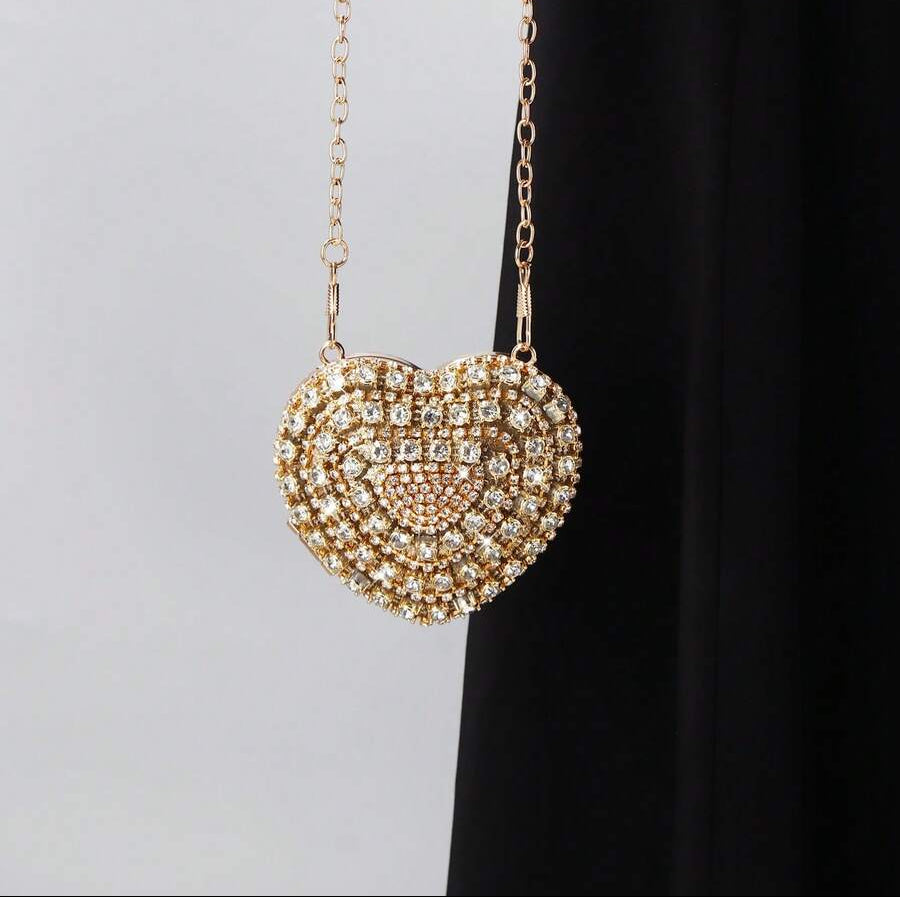 Shiny Mini Heart Golden Diamond Clutch Bag, Crossbody Bag Suitable For Evenings, Parties, Weddings, Fashion Shoulder Bag