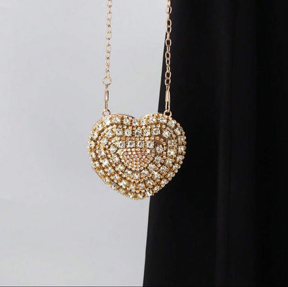Shiny Mini Heart Golden Diamond Clutch Bag, Crossbody Bag Suitable For Evenings, Parties, Weddings, Fashion Shoulder Bag
