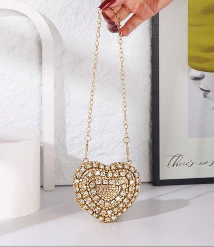 Shiny Mini Heart Golden Diamond Clutch Bag, Crossbody Bag Suitable For Evenings, Parties, Weddings, Fashion Shoulder Bag
