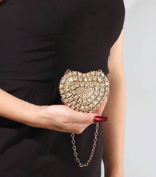 Shiny Mini Heart Golden Diamond Clutch Bag, Crossbody Bag Suitable For Evenings, Parties, Weddings, Fashion Shoulder Bag